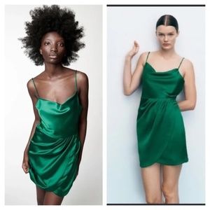 NWT Zara SATIN EFFECT MINI DRESS Green Emerald Color S